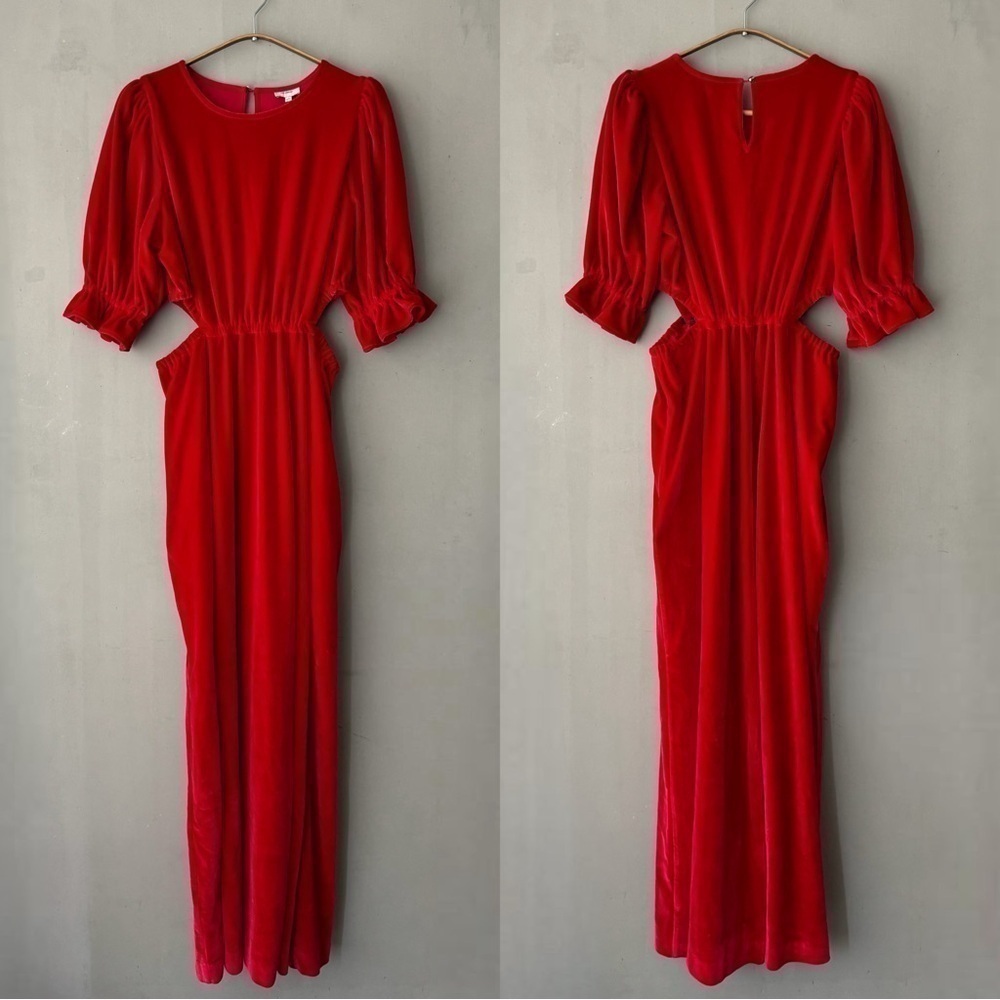THE ODELLS Red Velvet Smocked Maxi Dress - Picture 2 of 12